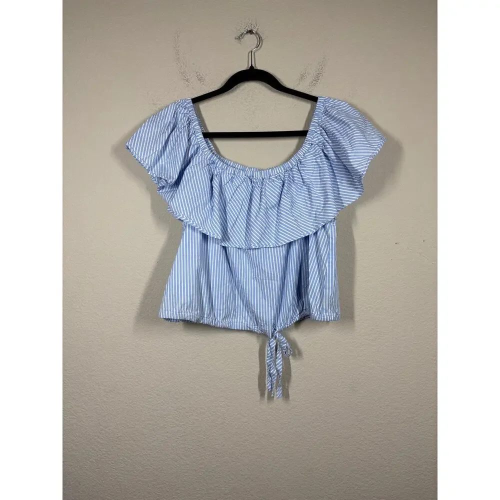 Jill Jill Stuart Size 14 Off The Shoulder Crop Top Blue Stripe Cotton Blend